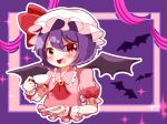  bad_id bad_twitter_id bat_wings blouse blush brooch collared_blouse commentary_request cup eyebrows_visible_through_hair eyes_visible_through_hair fang glitter hat hat_ribbon holding holding_cup holding_plate jewelry looking_at_viewer mob_cap natsune_ilasuto open_mouth pink_blouse plate puffy_short_sleeves puffy_sleeves purple_background purple_hair red_eyes red_neckwear red_ribbon remilia_scarlet ribbon ribbon-trimmed_sleeves ribbon_trim short_hair short_sleeves solo sparkle teacup tongue touhou upper_body upper_teeth white_hat wings wrist_cuffs 