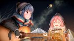  :d ^_^ bangs beige_gloves black_gloves black_jacket blue_hair blurry blurry_background blush campfire casino_(casinoep) closed_eyes closed_mouth commentary depth_of_field eyebrows_visible_through_hair fingerless_gloves fingernails fire gloves guitar hair_between_eyes harmonica highres holding holding_instrument instrument jacket kagamihara_nadeshiko long_hair long_sleeves looking_at_another looking_away mount_fuji multiple_girls nail_polish night night_sky open_mouth outdoors pink_hair pink_nails purple_eyes rocket_tent scarf shima_rin sidelocks sitting sky smile star_(sky) starry_sky striped striped_scarf tent upper_teeth yurucamp 