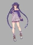  :d alternate_costume bare_legs bare_shoulders blue_eyes braid casual character_name d-pad d-pad_hair_ornament full_body hair_ornament hand_on_own_chest highres long_hair looking_at_viewer neptune_(series) off_shoulder open_mouth power_symbol purple_hair purple_heart simple_background smile solo sweater symbol-shaped_pupils twin_braids twintails very_long_hair very_long_sleeves white_crow 