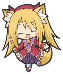  :d ^_^ animal_ears bangs blonde_hair blush_stickers bow character_request chibi closed_eyes dress emil_chronicle_online eyebrows_visible_through_hair facing_viewer fox_ears fox_girl fox_tail full_body long_sleeves open_mouth pantyhose purple_bow purple_footwear red_dress rinechun simple_background sleeves_past_wrists smile solo standing standing_on_one_leg striped striped_legwear tail two_side_up white_background 