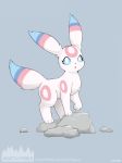  2017 3_toes alternate_color black_nose blue_eyes blue_fur cute eeveelution eyelashes female fluffy fluffy_tail fur grey_background loimu looking_at_viewer markings minttu_(loimu) nintendo on_rock pink_fur pok&eacute;mon pok&eacute;mon_(species) raised_paw rock simple_background toes umbreon video_games white_fur 