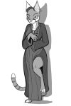  2015 5_fingers ahnassi anthro clothed clothing digital_media_(artwork) dress ear_piercing feline female front_view greyscale hi_res inner_ear_fluff khajiit looking_at_viewer mammal monochrome piercing ringed_tail rml simple_background solo the_elder_scrolls toeless_(marking) video_games white_background 