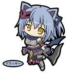  animal_ears bangs blue_gloves blue_hair blue_ribbon blue_scarf boots breasts cat_ears character_request chibi cross-laced_footwear emil_chronicle_online eyebrows_visible_through_hair fishnet_legwear fishnets full_body gloves grey_footwear grey_sweater hair_between_eyes hair_ribbon holding knee_boots lace-up_boots lowres medium_breasts ninja one_side_up ribbed_sweater ribbon rinechun scarf simple_background sleeveless solo standing standing_on_one_leg sweater thighhighs translation_request white_background yellow_eyes 