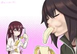  banana brown_hair commentary_request food fruit hayasui_(kantai_collection) kantai_collection kisaragi_(kantai_collection) knife long_hair misumi_(niku-kyu) multiple_girls twitter_username 