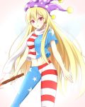  1girl american_flag_legwear american_flag_shirt blonde_hair blue_legwear blue_shirt breasts clownpiece commentary_request cowboy_shot crop_top hat highres jester_cap long_hair looking_at_viewer medium_breasts midriff multicolored multicolored_clothes multicolored_legwear multicolored_shirt musteflott419 navel older pantyhose parted_lips pink_eyes polka_dot polka_dot_hat purple_hat red_legwear red_shirt scarf shirt short_sleeves simple_background solo standing star star_print striped striped_legwear striped_shirt torch touhou white_background white_scarf 