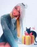  1girl black_cat blue_eyes blue_sweater box cat christmas christmas_sweater commentary dress english_commentary facial_mark forehead_mark freckles gift gift_box hair_bun head_tilt lips lipstick long_hair looking_at_viewer makeup nima_(ross_tran) original red_skin ross_tran scarf sitting smile snow snowing solo_focus sweater sweater_dress white_hair yellow_scarf 