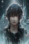 black_hair black_jacket black_shirt blue_eyes closed_mouth commentary final_fantasy final_fantasy_xv hair_over_eyes highres jacket looking_at_viewer male_focus nikusenpai noctis_lucis_caelum open_clothes open_jacket portrait_de_louis_xiv serious shirt solo upper_body wing_collar 