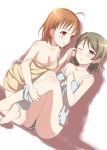  absurdres ahoge akbskenmb48-40 barefoot blue_eyes breasts brown_hair cleavage commentary_request hair_ornament hairclip highres looking_at_another love_live! love_live!_sunshine!! multiple_girls nipple_slip nipples one_eye_closed orange_eyes panties partial_commentary pussy_juice red_eyes shadow short_hair small_breasts striped striped_panties takami_chika tearing_up tears underwear watanabe_you white_background wiping_tears yuri 