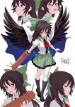  arm_cannon artist_name black_footwear black_hair black_legwear black_wings blush bow breasts cape closed_eyes collared_shirt commentary_request expressions feathered_wings fkey full_body green_bow green_skirt hair_bow highres kneehighs long_hair looking_at_viewer mary_janes medium_breasts miniskirt multiple_views open_mouth puffy_short_sleeves puffy_sleeves red_eyes reiuji_utsuho shirt shoes short_sleeves simple_background skirt smile standing touhou upper_body weapon white_background white_cape white_shirt wings 
