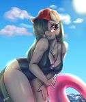  2018 absurd_res anthro anthrofied blush breasts cleavage clothed clothing cloud earth_pony equine eyelashes female friendship_is_magic hair hair_over_eye hat hi_res horse inner_tube long_hair mammal marble_pie_(mlp) mrscurlystyles my_little_pony nipple_bulge one-piece_swimsuit outside pony purple_eyes sky smile solo swimsuit whistle 