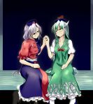  bangs blue_hat blush breasts cleavage commentary_request cover cover_page ex-keine graphite_(medium) green_hair hat holding_hands horns interlocked_fingers kamishirasawa_keine long_hair looking_at_another medium_breasts multicolored_hair multiple_girls puffy_short_sleeves puffy_sleeves red_cross short_sleeves silver_hair sitting smile tail touhou traditional_media yagokoro_eirin yrjxp065 yuri 