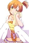  ;o blush clenched_hand commentary_request hair_bobbles hair_ornament hand_on_own_chest hoshizora_rin love_live! love_live!_school_idol_project miniskirt one_eye_closed orange_hair sen_(sen0910) short_hair side_ponytail sitting skirt solo sweat thighhighs towel white_background white_legwear wiping_face yellow_eyes 