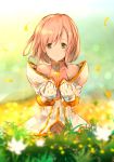  absurdres blurry estellise_sidos_heurassein flower gloves grass green_eyes highres humi petals pink_hair short_hair smile solo tales_of_(series) tales_of_vesperia white_coat white_gloves 