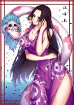  absurdres animal bare_arms bare_shoulders black_hair blue_eyes boa_hancock breasts china_dress chinese_clothes cleavage dress earrings head_tilt highres jewelry large_breasts lips long_hair one_piece purple_dress salome_(one_piece) snake snake_earrings wide_hips wwwwen 