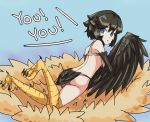  animal_humanoid animal_legs asp84 avian avian_humanoid bird bird_feet black_feathers black_hair blue_eyes butt clothing corvid crow cyan_background dark_souls dark_souls_3 english_text eyelashes feathered_wings feathers female gradient_background hair harpy humanoid looking_at_viewer looking_back lying nest on_front open_mouth pickle-pee simple_background solo tail_feathers talons text torn_clothing video_games white_pupils winged_arms wings 