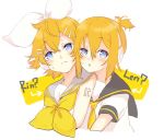  1boy 1girl alternate_hairstyle bangs blonde_hair blue_eyes blush bow character_name commentary cosplay costume_switch hair_between_eyes hair_bow hair_ornament hairclip hairstyle_switch headphones highres kagamine_len kagamine_rin looking_at_viewer necktie oyamada_gamata ponytail sailor_collar short_hair shoulder_tattoo sweat tattoo upper_body vocaloid white_bow yellow_neckwear 