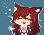  :3 :d =3 =_= animal_ear_fluff animal_ears bangs blue_background blush_stickers brown_hair chibi closed_eyes commentary_request cup eyebrows_visible_through_hair heart holding holding_cup imaizumi_kagerou long_hair long_sleeves lowres mug open_mouth red_hair simple_background smile solo touhou wolf_ears wool_(miwol) 
