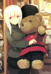  absurdres black_legwear casual glasses heidimarie_w_schnaufer highres long_hair looking_at_viewer non-web_source official_art pantyhose red_eyes shimada_fumikane solo stuffed_animal stuffed_toy sweater teddy_bear white_hair world_witches_series 