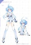  absurdres bangs bare_shoulders blue_eyes bodysuit boots character_name choujigen_game_neptune_re;birth_1 clenched_hand closed_mouth covered_collarbone covered_navel elbow_gloves eyebrows_visible_through_hair flat_chest full_body gloves hair_between_eyes highres legs_apart leotard looking_at_viewer multiple_views neptune_(series) official_art power_symbol red_eyes scan serious short_hair_with_long_locks sidelocks simple_background sleeveless smile standing symbol-shaped_pupils thigh_boots thighhighs tsunako turtleneck vambraces white_heart 