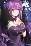  bangs bare_shoulders breasts cleavage commentary_request covered_navel detached_sleeves dress fate/grand_order fate_(series) feather_trim fur_trim hand_on_own_chest headpiece large_breasts long_hair looking_at_viewer open_mouth purple_dress purple_hair red_eyes scathach_(fate)_(all) scathach_skadi_(fate/grand_order) signature solo tiara tyone wide_sleeves 