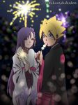  1girl ariamikukanzaki blonde_hair blue_eyes boruto:_naruto_next_generations commentary_request eating fireworks hair_ornament highres japanese_clothes kakei_sumire kimono long_hair looking_at_viewer naruto naruto_(series) new_year night open_mouth outdoors purple_eyes purple_hair short_hair smile uzumaki_boruto very_long_hair yukata 