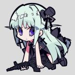  assault_rifle black_dress black_footwear black_hat character_request chibi closed_mouth commentary_request copyright_request cross cross_earrings dress earrings green_hair grey_background gun hat jewelry long_hair looking_at_viewer mochizuki_kei purple_eyes rifle ringed_eyes shoes simple_background solo top_hat weapon 