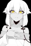  bangs bare_shoulders black_background braid commentary eyebrows_visible_through_hair fingernails greyscale hair_between_eyes hair_flaps highres j.k. looking_at_viewer monochrome original parted_lips ringed_eyes short_hair simple_background solo spot_color yellow_eyes 