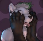  2018 3dinoz 4_toes ambiguous_gender ambiguous_species anthro black_fur black_nose blush clothed clothing digitigrade duo ear_piercing eyebrows eyes_closed feet foot_fetish foot_worship fur green_hair grey_fur hair headshot_portrait licking male mammal multicolored_fur multicolored_hair mustelid otter pawpads paws piercing portrait sharp_teeth simple_background standing teeth toes tongue tongue_out topless two_tone_fur two_tone_hair whiskers white_fur white_hair 