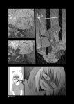  1girl boots burying comic commentary_request corpse evil_smile forest gloves greyscale highres imagining mochi_au_lait monochrome nature no_nose original rain raincoat rubber_boots shaded_face shovel smile translated 