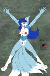  anthro blue_fur blue_hair breasts brown_eyes canine female fox fur hair mammal multi_tail navel nipples nude pussy snowfyre solo spread_eagle 