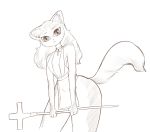  2018 4_fingers anthro breasts cat choker clothing crucifix digital_media_(artwork) feline female hair loincloth long_hair looking_at_viewer mammal minoss monochrome navel pose priest side_boob simple_background small_breasts solo standing thick_thighs under_boob white_background wide_hips 