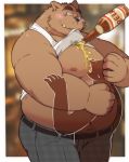  2019 alcohol anthro aqui beer belly beverage blush brown_fur clothed clothing cute_fangs duo fur humanoid_hands male mammal moobs navel nipples open_shirt overweight overweight_male pants paqaaqap ursid wet 