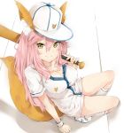  animal_humanoid baseball_bat baseball_cap big_breasts blush breasts canine caster_(fate/extra) chenwen_(artist) cleavage clothed clothing fate/extra fate_(series) female footwear fox_humanoid hair hat hi_res humanoid kneehighs long_hair looking_at_viewer mammal pink_hair shoes sitting smile solo tamamo_cat yellow_eyes 
