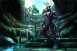  amazing_background anthro barefoot biped black_fur brown_pants cave cavern clothed clothing detailed_background digital_media_(artwork) dream_and_nightmare explorer felid fingerless_gloves fur gloves hi_res jungle lake leopard male mammal manly melanistic memorial muscular muscular_male pantherine pond ruins shorts solo standing sunlight temple topless water 