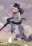  absurdres animal_ears black_hair braid checkered checkered_scarf fire gun highres long_hair military military_uniform non-web_source official_art pantyhose scarf shimada_fumikane smoke solo striker_unit tail uniform weapon wiktoria_urbanowicz world_witches_series 