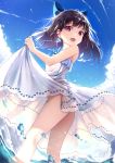  ass bangs bare_arms bare_shoulders blue_bow blue_ribbon blue_sky bow brown_hair cloud commentary_request day dress earrings eyebrows_visible_through_hair glint hair_bow heart heart_earrings heart_print highres jewelry long_hair looking_at_viewer moe2018 no_panties ocean open_mouth original outdoors print_dress red_eyes revision ribbon see-through sky sleeveless sleeveless_dress solo wading water white_dress yan_(nicknikg) 