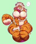  2018 anthro big_breasts boosterpang breasts buxbi_(character) clothed clothing deep_navel dialogue feline female fur hair hand_on_thigh huge_breasts mammal navel nipples open_mouth orange_fur slightly_chubby solo striped_fur stripes thick_thighs tiger topless voluptuous wide_hips yellow_eyes 