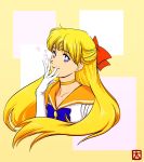  aino_minako bishoujo_senshi_sailor_moon blonde_hair blue_ribbon choker closed_mouth commentary_request hair_ribbon heart inner_senshi long_hair orange_choker orange_sailor_collar purple_eyes red_ribbon ribbon sailor_collar sailor_senshi_uniform sailor_venus simple_background solo tenparunba 