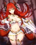  absurdres armor ass_visible_through_thighs bare_shoulders bikini_armor breasts chixiao cleavage collarbone commentary gauntlets highres horns long_hair looking_at_viewer medium_breasts miniskirt navel off_shoulder original pleated_skirt red_hair skirt solo yellow_eyes 
