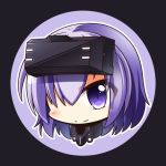  armor bangs black_armor black_background blush chibi closed_mouth commentary_request cropped_torso eyes_visible_through_hair fate/grand_order fate_(series) gorget hair_over_one_eye head light_smile looking_at_viewer mash_kyrielight no_nose ortenaus outline portrait purple_background purple_eyes purple_hair shachoo. short_hair smile solo two-tone_background vr_visor white_outline 
