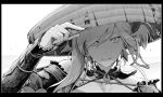  adjusting_clothes adjusting_hat ajirogasa asymmetrical_bangs bangs black_border border detached_sleeves earrings fate/grand_order fate_(series) greyscale hat jewelry magatama miyamoto_musashi_(fate/grand_order) monochrome portrait solo syatey 