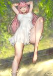  ariverkao arms_up bare_legs barefoot blue_eyes breasts covered_nipples darling_in_the_franxx dated dress hairband horns large_breasts lying on_back outdoors pink_hair signature smile solo straight_hair water white_dress white_hairband zero_two_(darling_in_the_franxx) 
