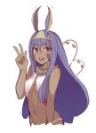  :d animal_ears bangs bra breasts commentary dark_skin egyptian eyebrows_visible_through_hair facial_mark fate/grand_order fate_(series) fumikiri hair_between_eyes hair_tubes hand_up jackal_ears long_hair looking_at_viewer medium_breasts medjed nitocris_(fate/grand_order) open_mouth panties pink_eyes purple_hair simple_background smile solo underwear v very_long_hair white_background white_bra 