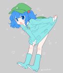  backpack bag blue_eyes blue_footwear blue_hair blush_stickers boots commentary eyebrows_visible_through_hair full_body green_backpack green_hat grey_background hair_bobbles hair_ornament hat ica kawashiro_nitori key leaning_forward legs looking_at_viewer open_mouth round_teeth simple_background skirt_hold solo standing teeth touhou twitter_username two_side_up 