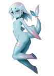  animal_ears ass blue_eyes blue_hair blue_sclera blue_skin blush breasts closed_mouth eyebrows_visible_through_hair filet_(kai_himo) fins from_side full_body gills gradient_hair hair_between_eyes head_fins kai_himo looking_at_viewer looking_to_the_side monster_girl multicolored_hair no_feet no_hands original pink_hair red_pupils short_hair simple_background small_breasts solo tail white_background 