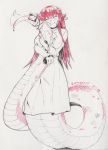  blush breasts closed_eyes closed_mouth commentary cowfee dated dress ear_wiggle english_commentary facing_viewer highres hug inktober lamia large_breasts long_hair long_sleeves miia_(monster_musume) monochrome monster_girl monster_musume_no_iru_nichijou pointy_ears red scales scan smile solo tail tail_hug traditional_media 
