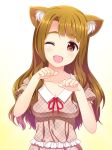  :d animal_ears bad_id bad_twitter_id bangs blunt_bangs blush breasts brown_eyes brown_hair cleavage commentary_request dot_nose eyebrows_visible_through_hair gradient gradient_background highres idolmaster idolmaster_million_live! looking_at_viewer medium_breasts miyao_miya neck_ribbon open_mouth paw_pose red_neckwear red_ribbon ribbon smile solo totokichi unmoving_pattern upper_body yellow_background 