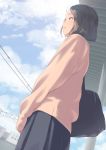  absurdres bag blue_skirt blue_sky blush cloud comic_koh commentary_request day from_below from_side grey_hair highres kamo_(gafas) original outdoors parted_lips short_hair shoulder_bag skirt sky solo standing sweater telephone_pole train_station 
