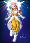  90s boots breasts chinese_commentary chronoa circlet commentary_request dated dragon_ball dragon_ball_heroes earrings glowing gold_trim highres jewelry karoine long_hair older pink_hair pink_skin pointy_ears pose potara_earrings signature solo transformation yellow_eyes 