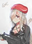  assault_rifle bangs beret blush braid breasts character_name cleavage closed_mouth collarbone commentary_request eyebrows_visible_through_hair g36c g36c_(girls_frontline) girls_frontline gloves grey_background grey_hair gun hair_over_one_eye hat holding holding_gun holding_weapon jacket large_breasts long_hair looking_at_viewer red_eyes rifle shipi_(sinonpigyueo) side_braid sidelocks signature silver_hair simple_background solo very_long_hair weapon 